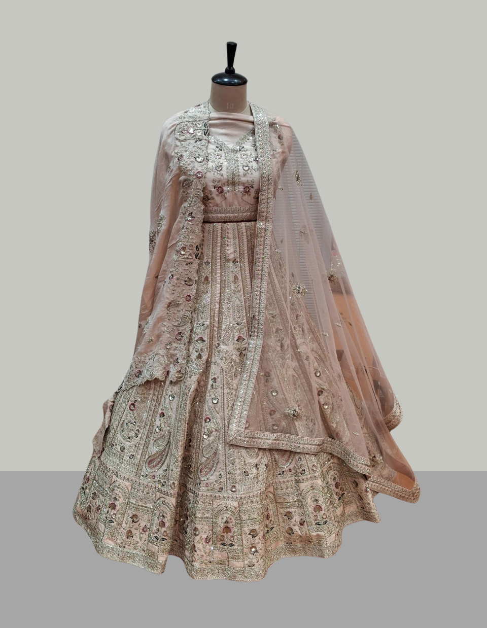 Ivory and Blush Pink Zardozi Bridal Lehenga