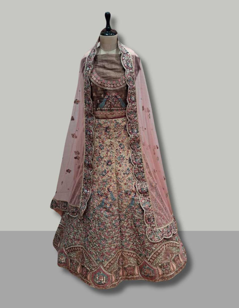 Brown & Peach Floral Bridal Lehenga – A Fusion of Elegance