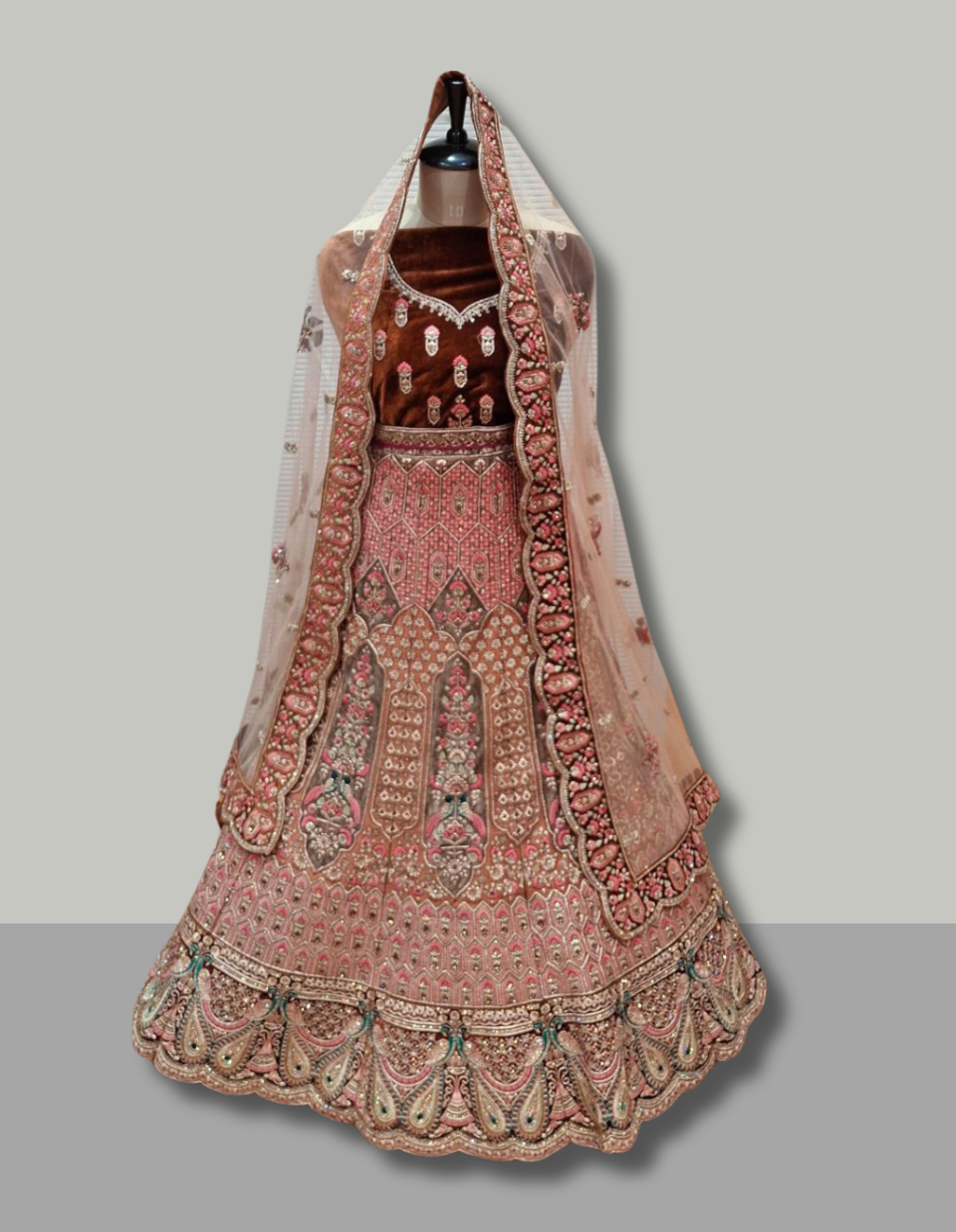 Rosewood Velvet & Blush Peach Embroidered Bridal Lehenga Set