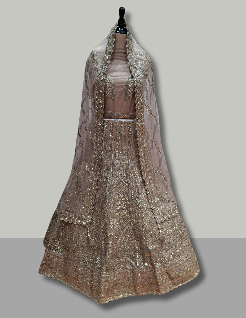 Antique Gold & Brown Embroidered Lehenga β Timeless Elegance