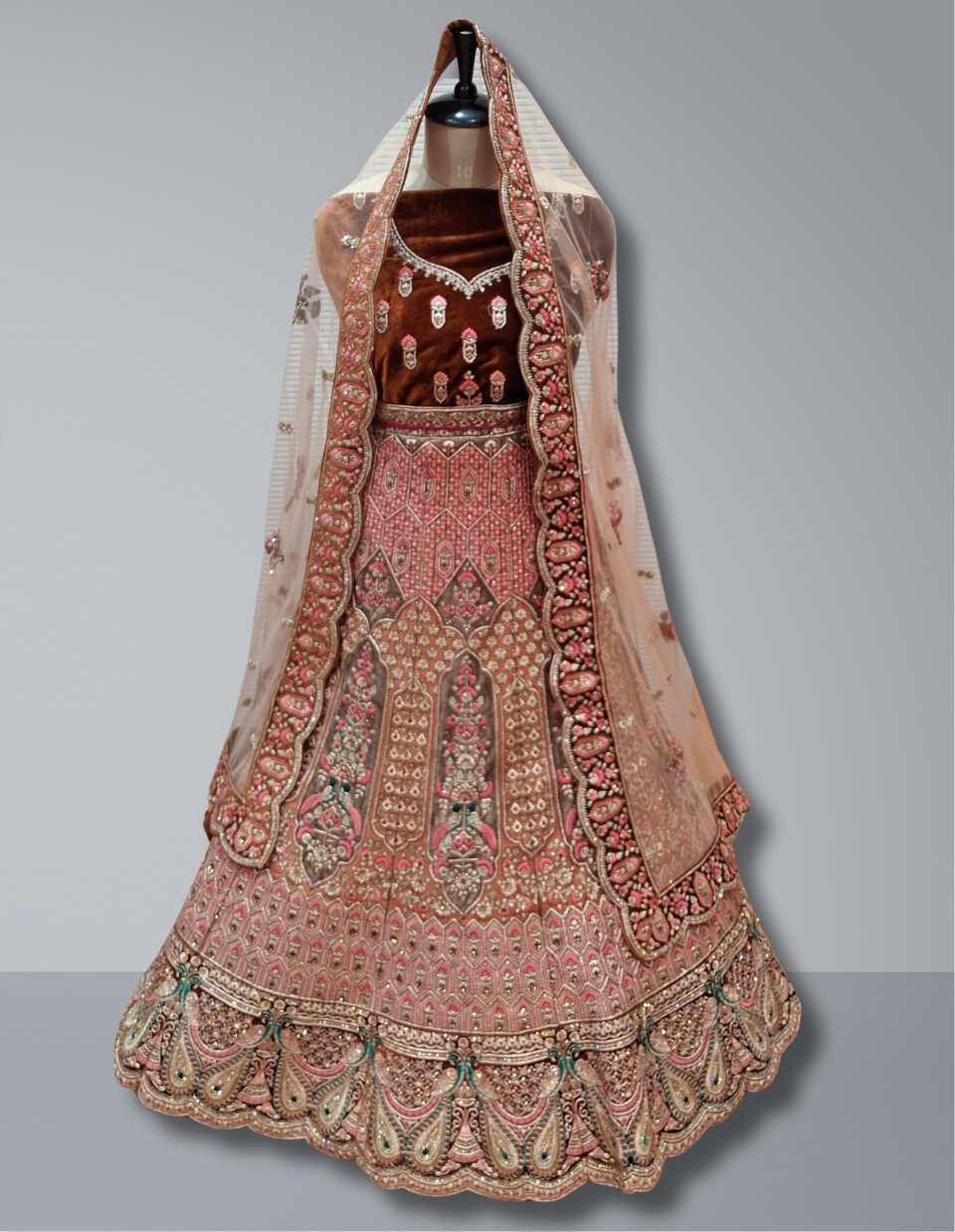 Luxurious Peach and Brown Hand-Embroidered Bridal Lehenga Choli with Dupatta