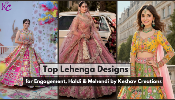 Top Lehenga Designs for Engagement, Haldi & Mehendi | Keshav Creations
