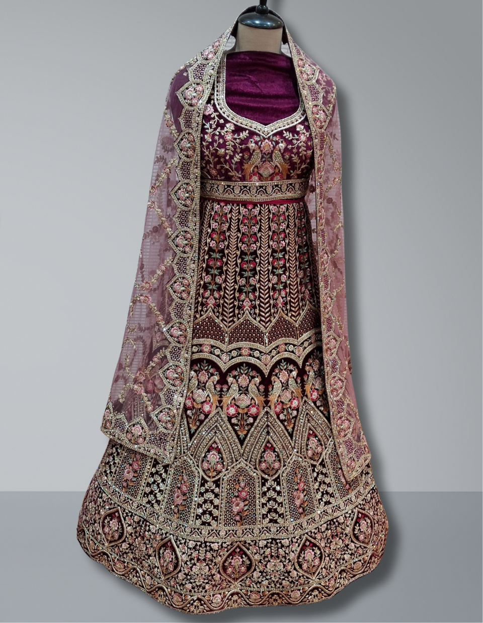 Maroon and pink heavy hand-embroidered bridal lehenga 