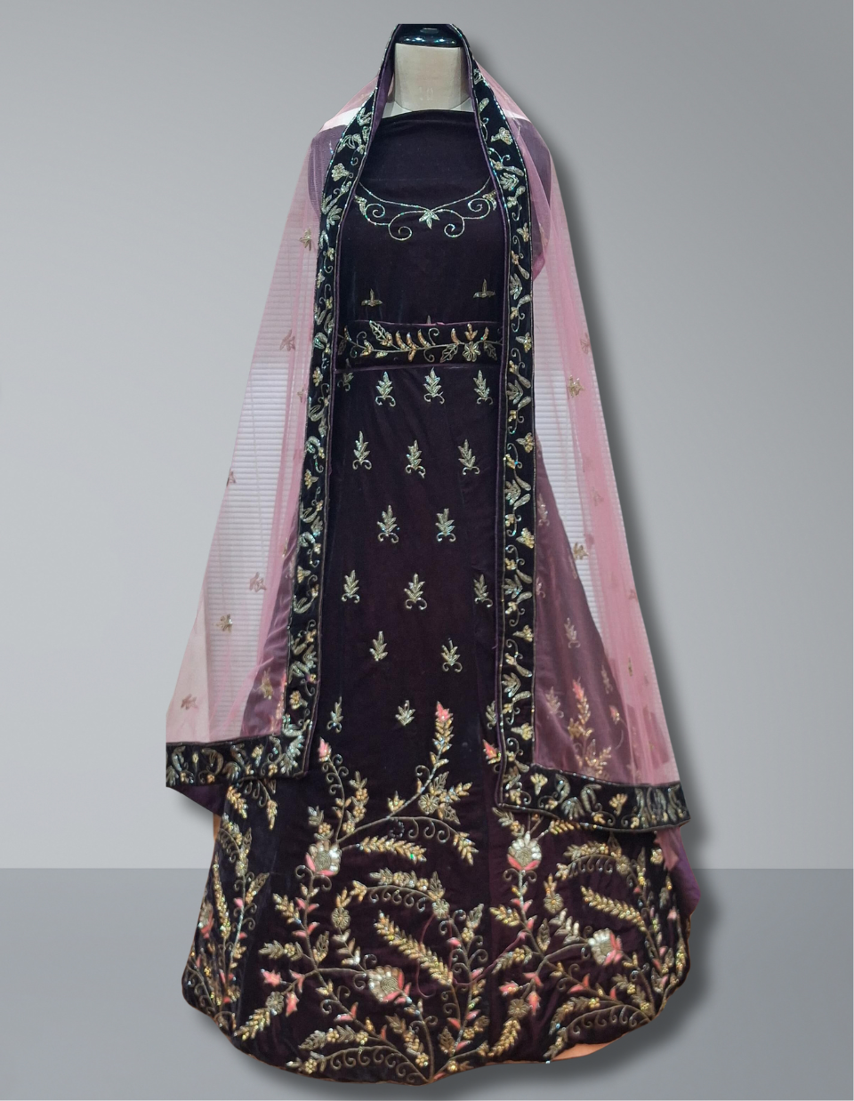 Velvet Bridal Lehenga with Intricate Embroidery and Pink Net Dupatta