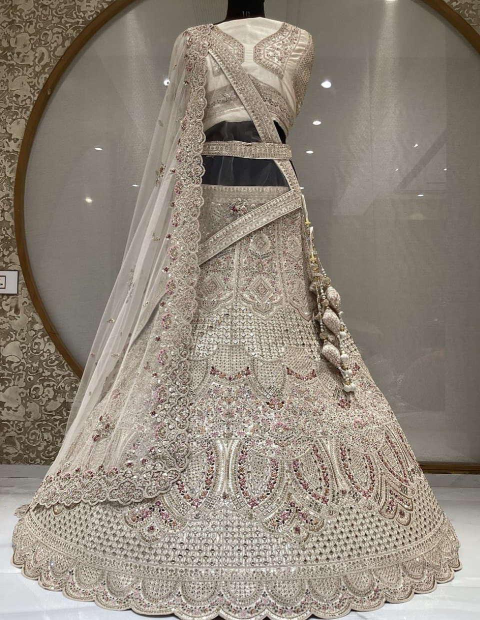 Heavy Work Double Dupptta Bridal lehenga in beige color