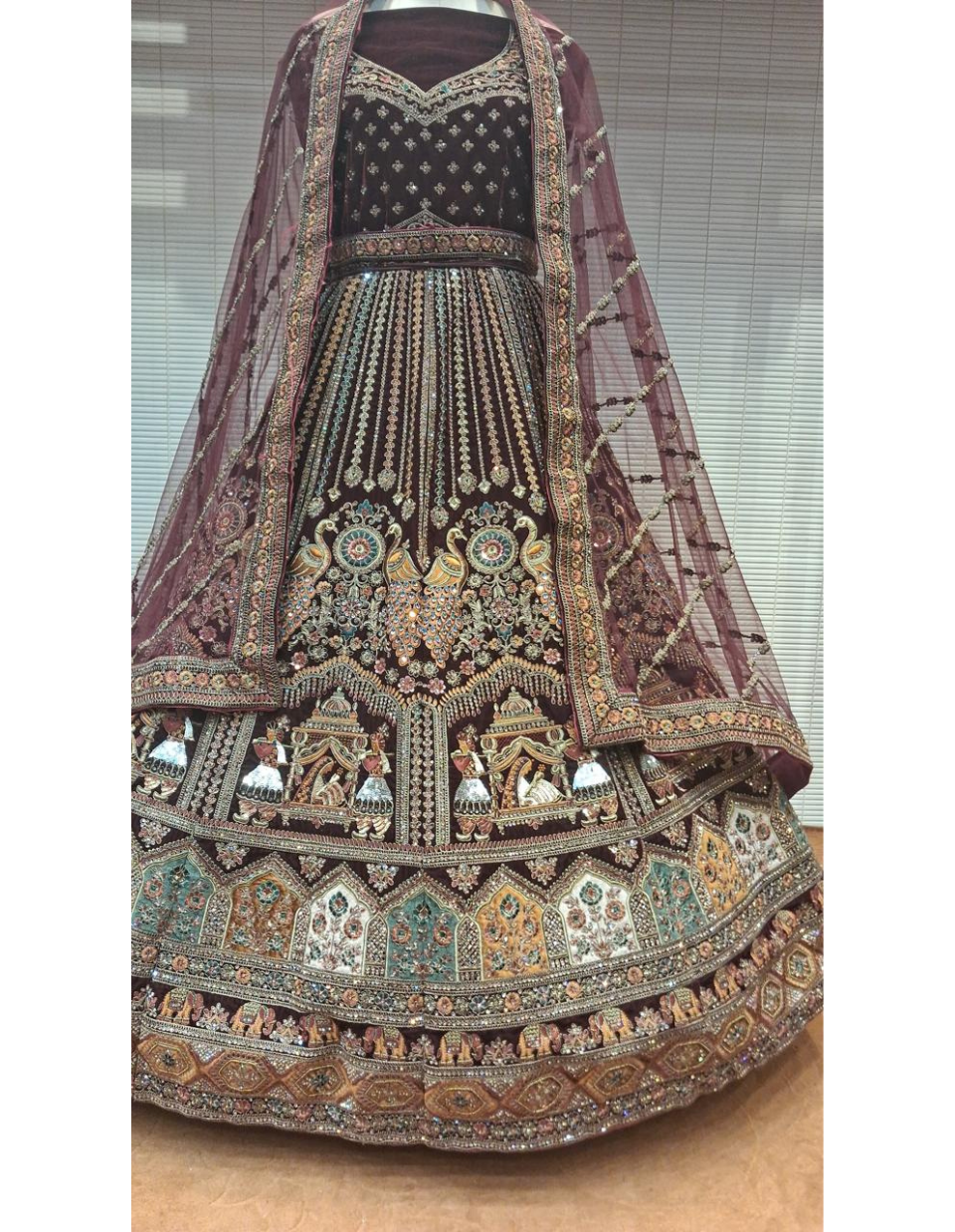 Regal Maroon Velvet Bridal Lehenga with Multicolor Zari & Dori Embroidery