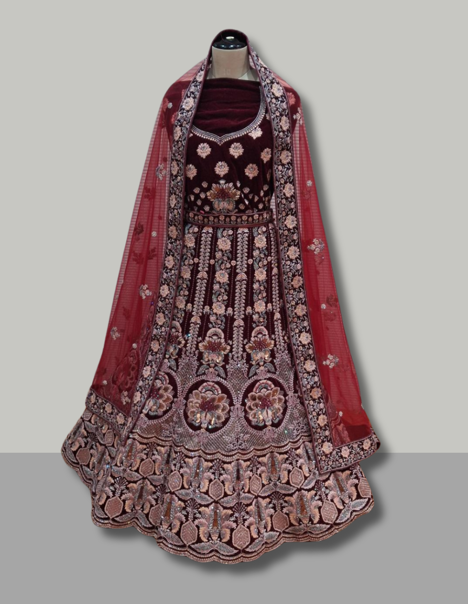 Majestic Maroon Velvet Embroidered Lehenga with Red Net Dupatta