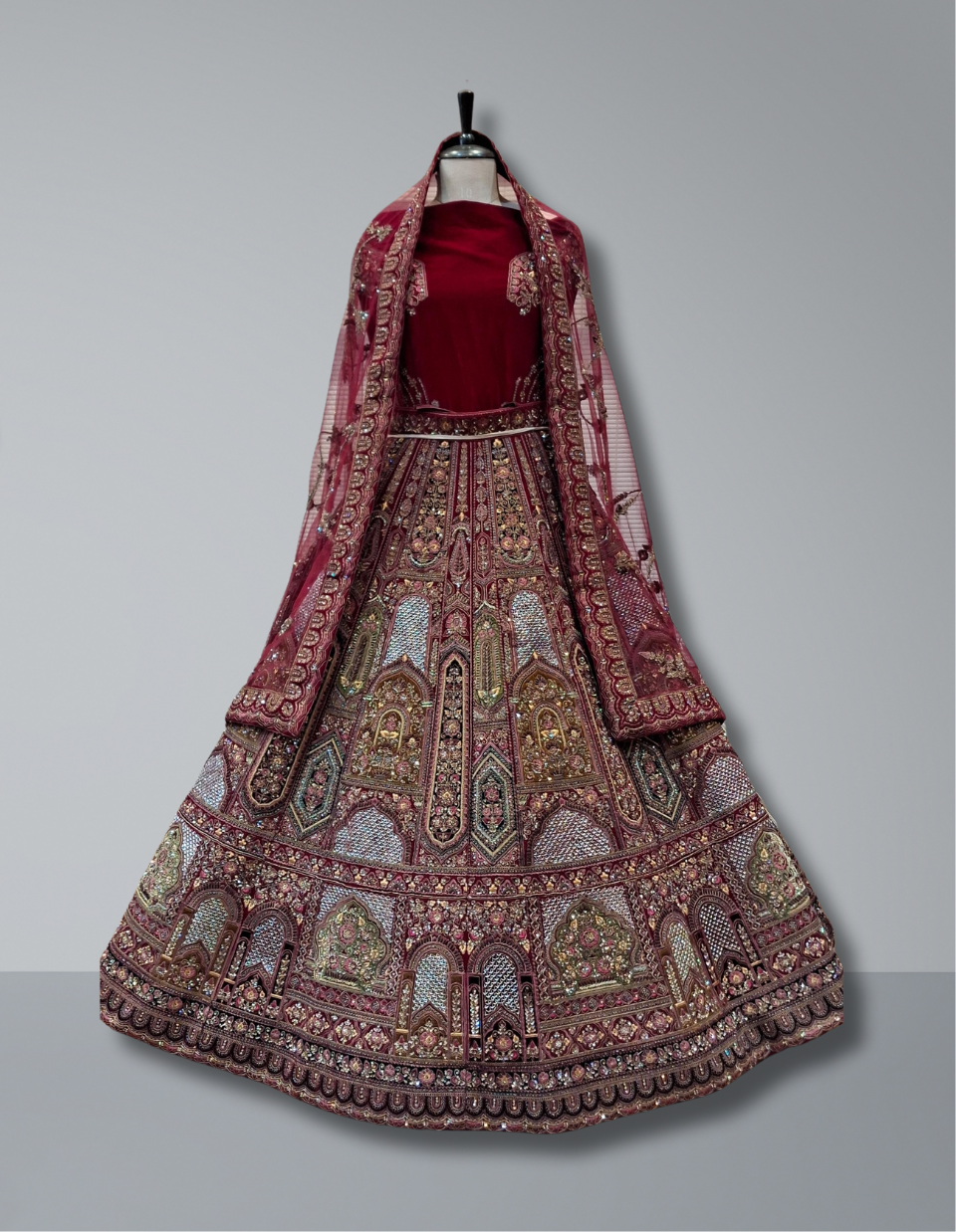 Maroon Architectural Embroidered Bridal Lehenga