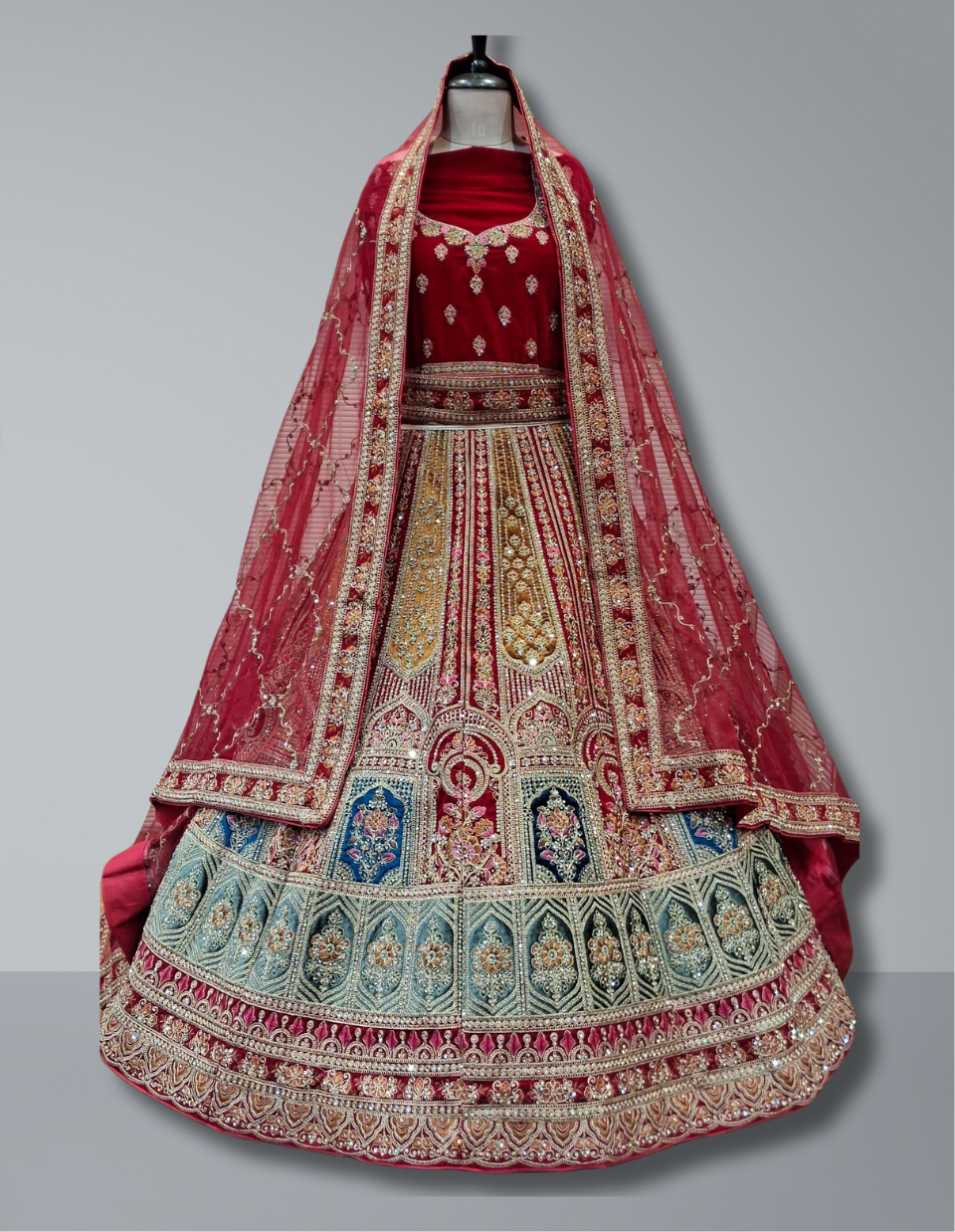  Maroon and Teal Embroidered Bridal Lehenga