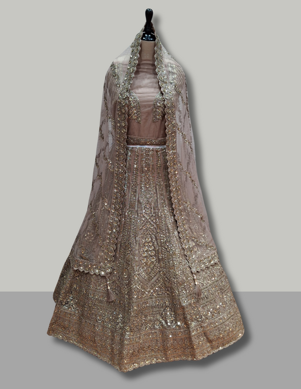 Antique Gold & Brown Embroidered Lehenga – Timeless Elegance