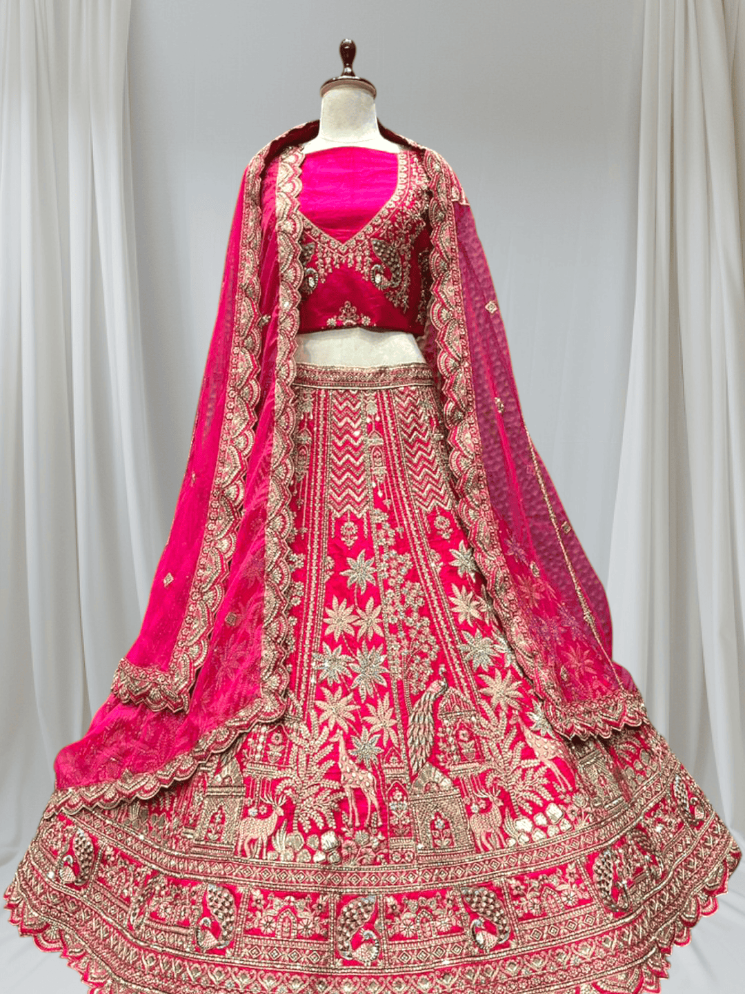 Premium Hot Pink Heavy Bridal Lehenga With Intricate Zari & Peacock Motif Embroidery