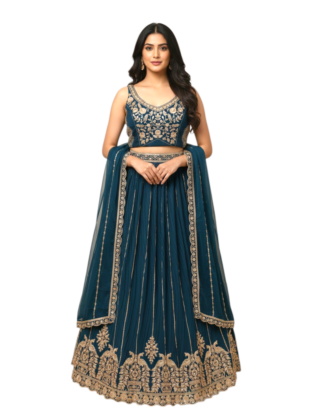 Teal blue embroidered lehenga choli for women with traditional design and dupatta