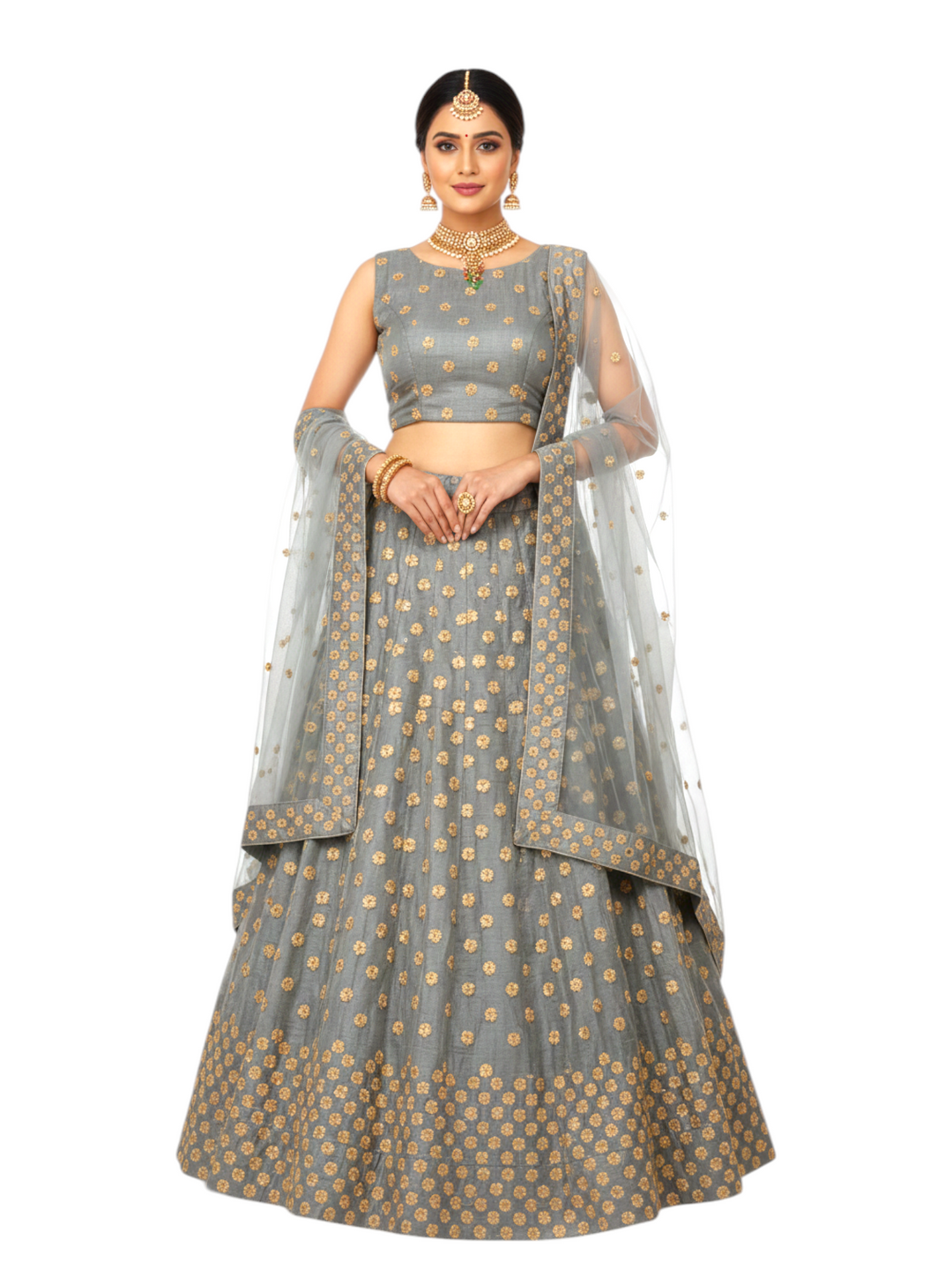 grey and gold designer lehenga with heavy embroidery and net dupatta for women party wear Delhi
