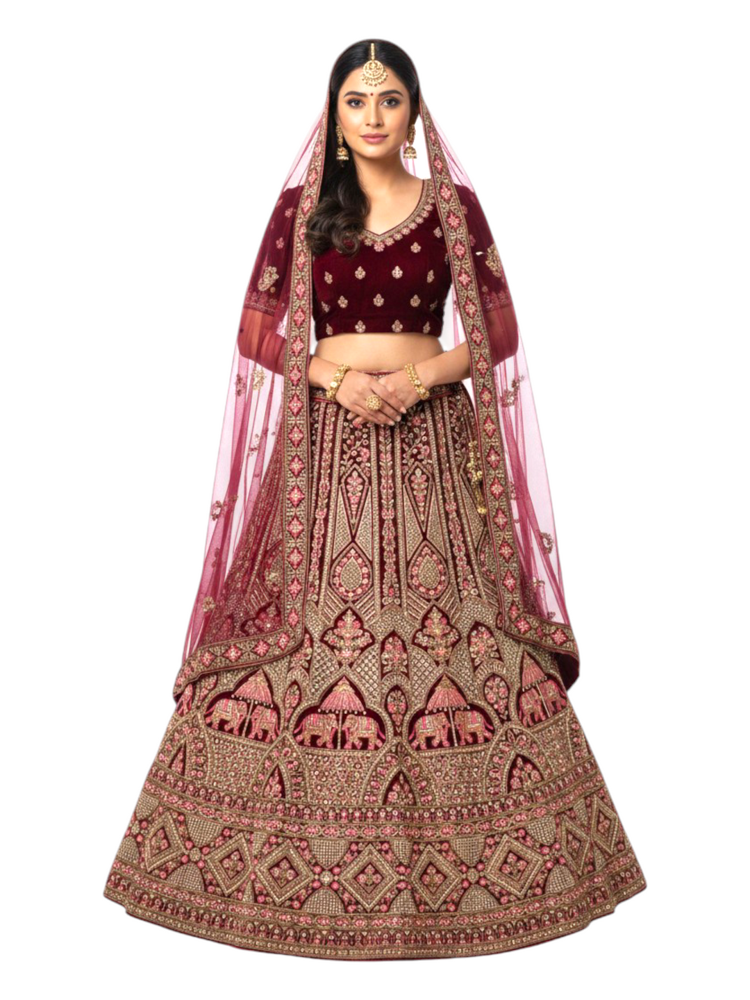 Royal Maroon Bridal Lehenga Choli with Heavy Zari Embroidery & Net Dupatta