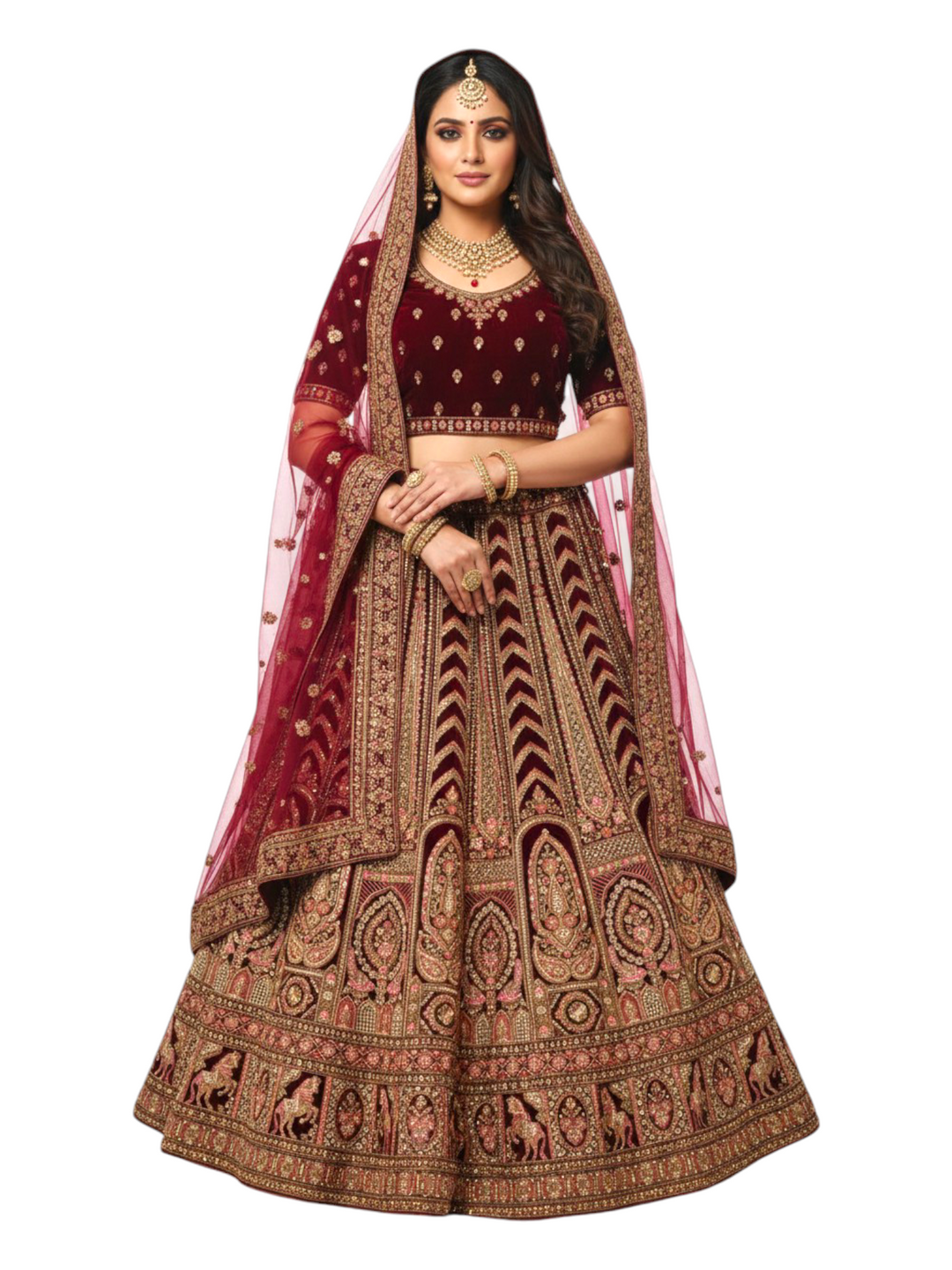 Royal wine bridal lehenga choli with heavy zari embroidery front view