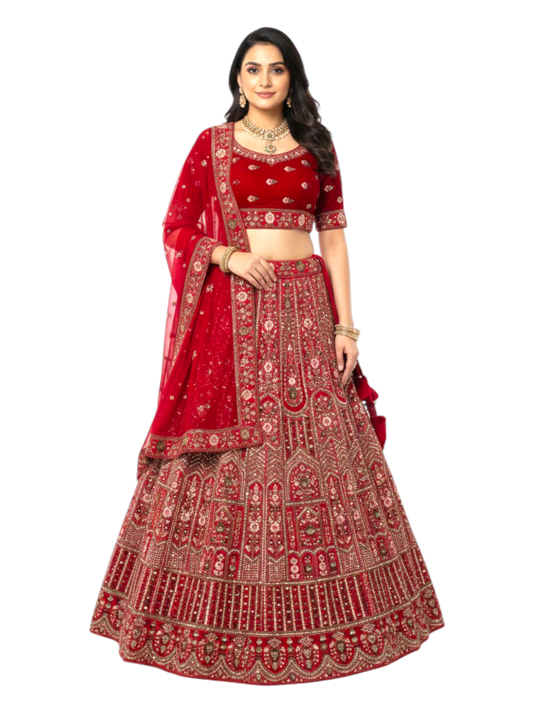 Red Colour Designer Velvet Lehenga For Wedding 
