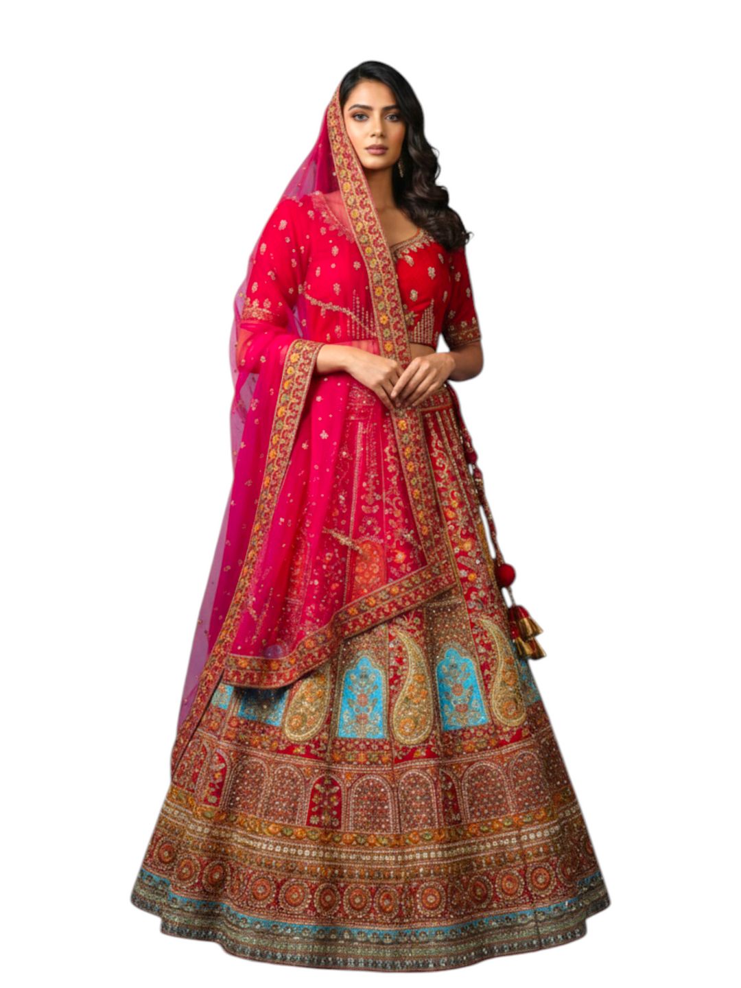 Red Traditional Multi-Color Border Lehenga for Brides at Keshav Creations Delhi Chandni chowk 
