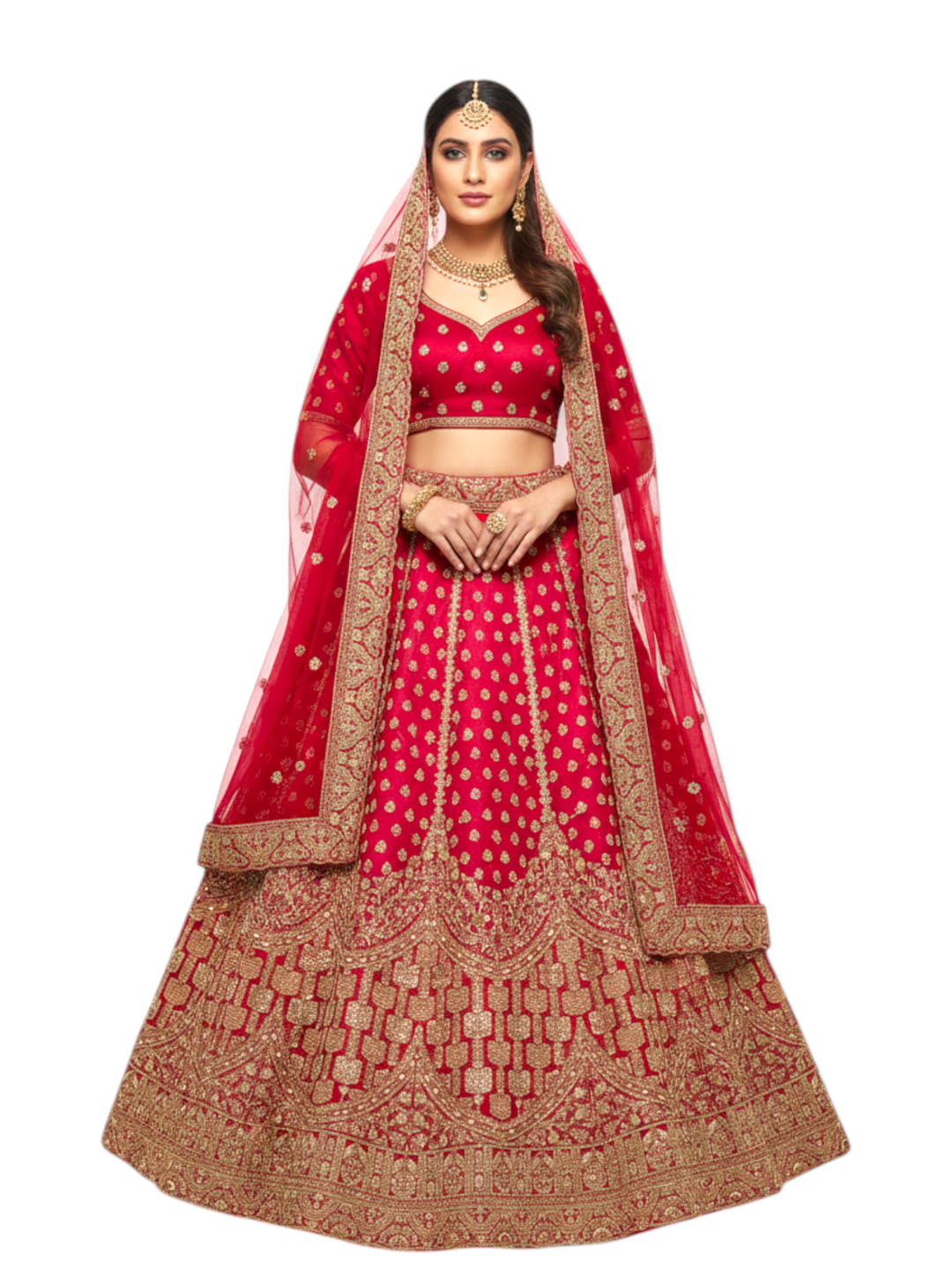 Red bridal lehenga with heavy gold embroidery, traditional wedding lehenga for bride with dupatta