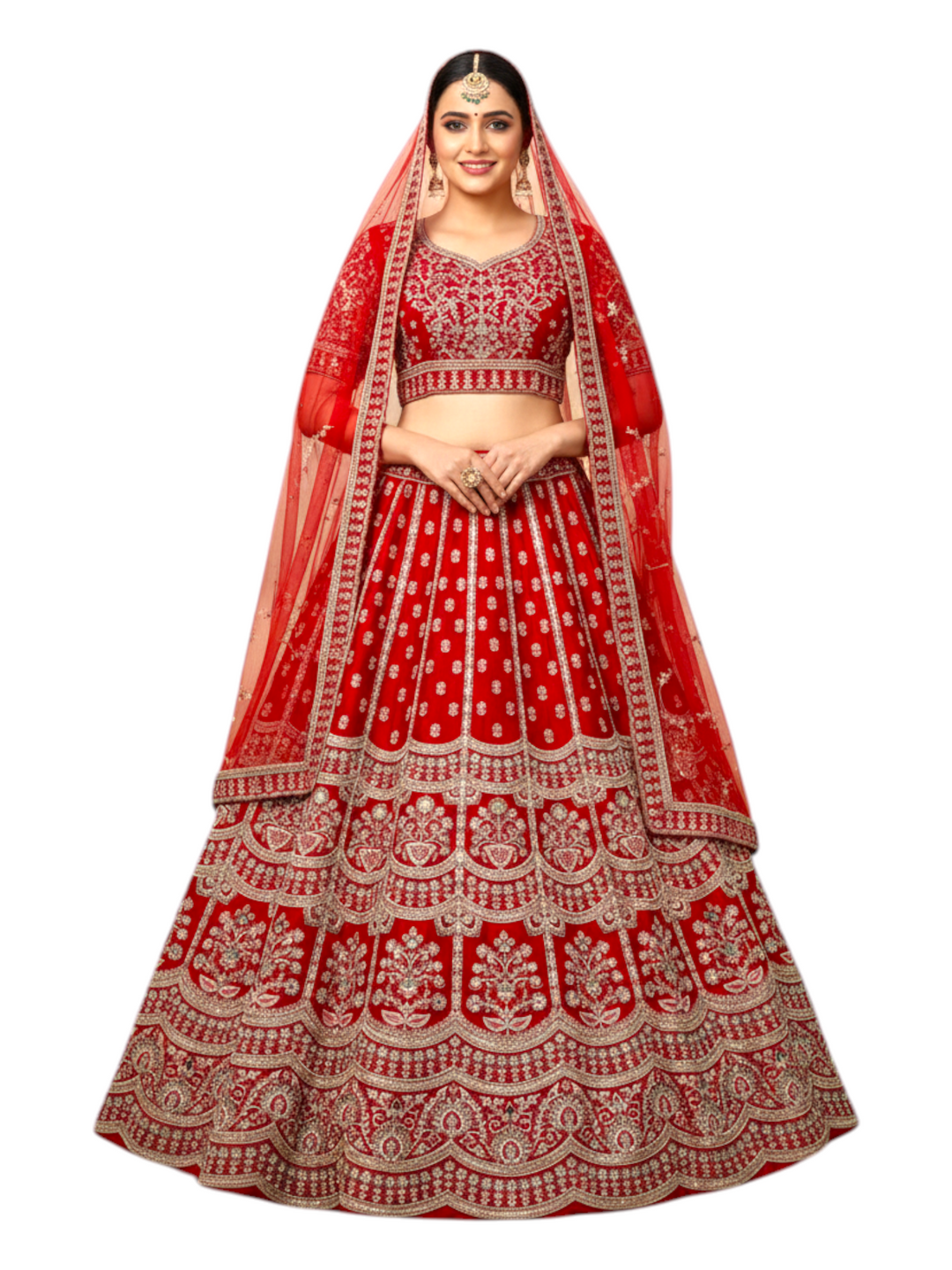 Bright red wedding lehenga with zari embroidery, bridal designer lehenga with dupatta by Keshav Creations Chandni Chowk Delhi 