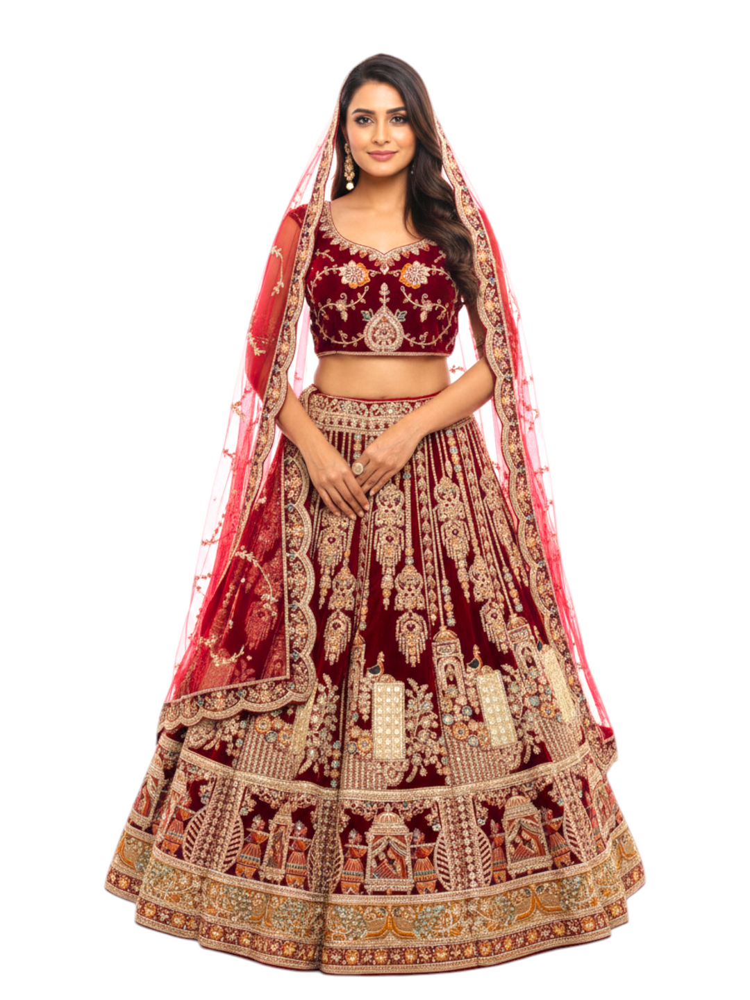 Maroon bridal lehenga with heavy embroidery, traditional wedding lehenga with dupatta by Keshav Creations Chandni Chowk Delhi 
