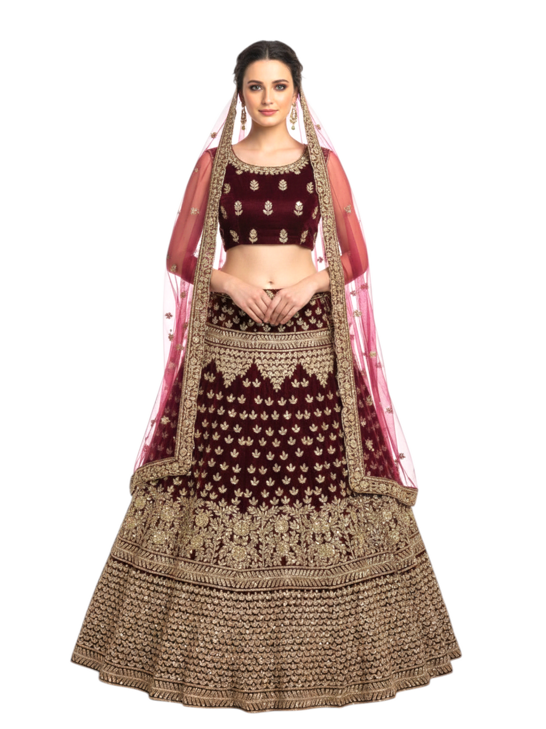 Dark maroon designer lehenga with heavy embroidery, bridal lehenga with detailed work and dupatta