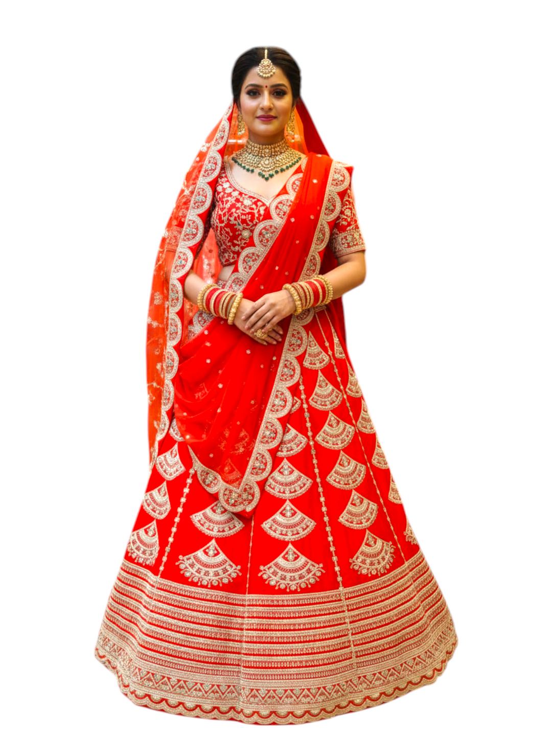 Bright red bridal lehenga with gold embroidery and dupatta by Keshav Creations Chandni Chowk Delhi 