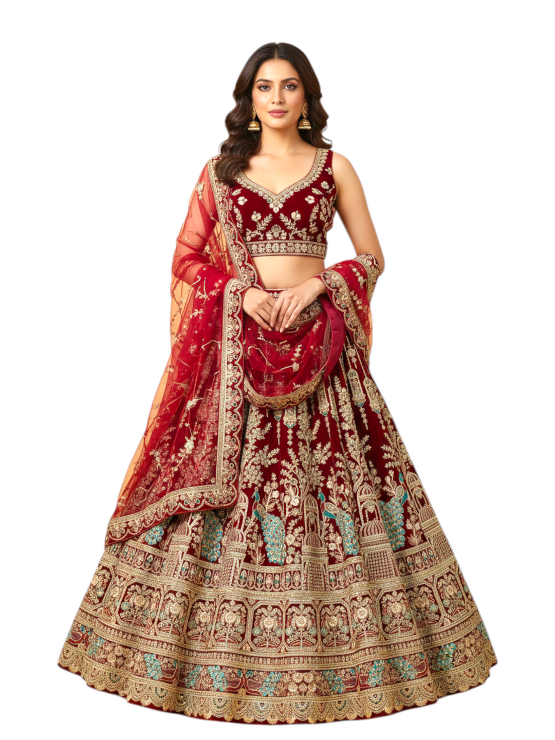Deep maroon bridal lehenga with heavy embroidery and dupatta by Keshav Creations Delhi Chandni Chowk 