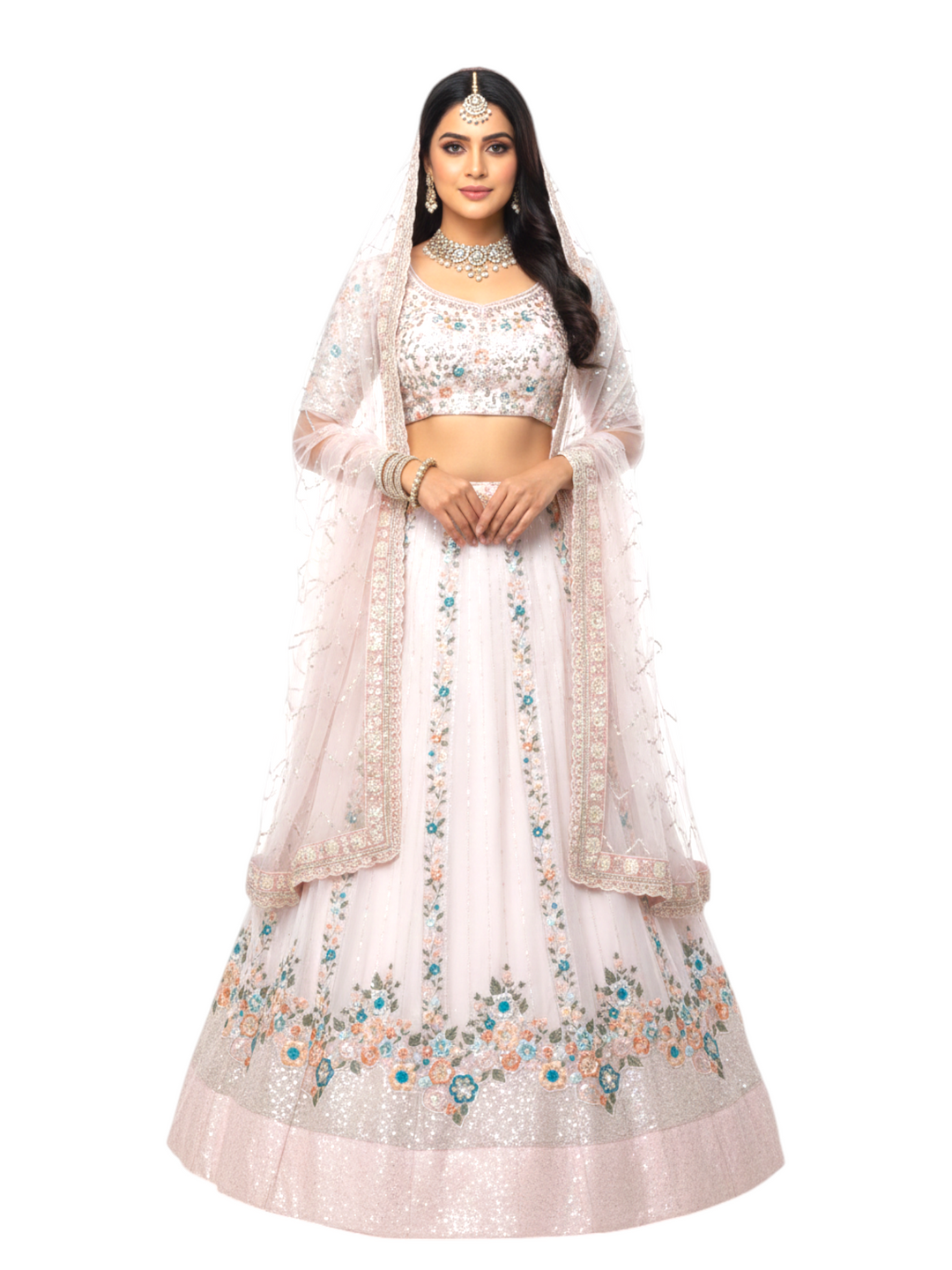Pastel White Floral Party Wear Lehenga