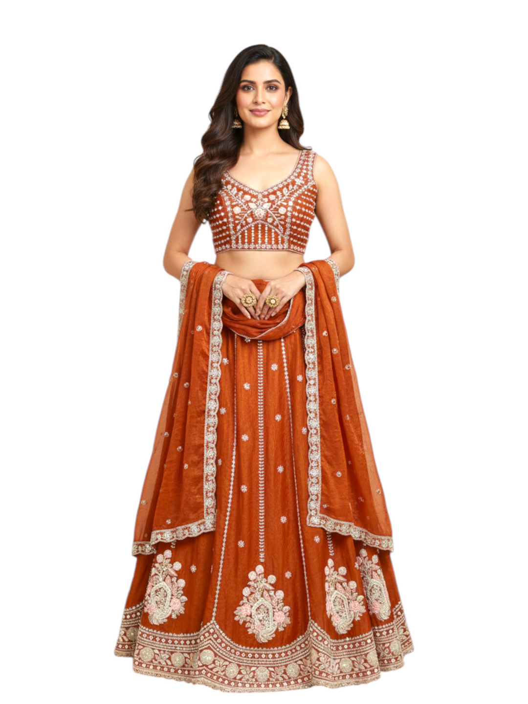 Rust Orange and Royal Red Bridesmaid Lehenga for Girls