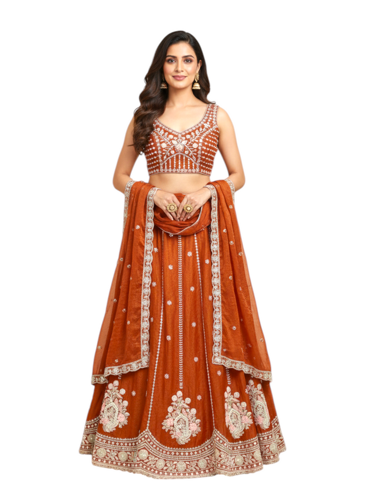Rust Orange and Royal Red Bridesmaid Lehenga for Girls