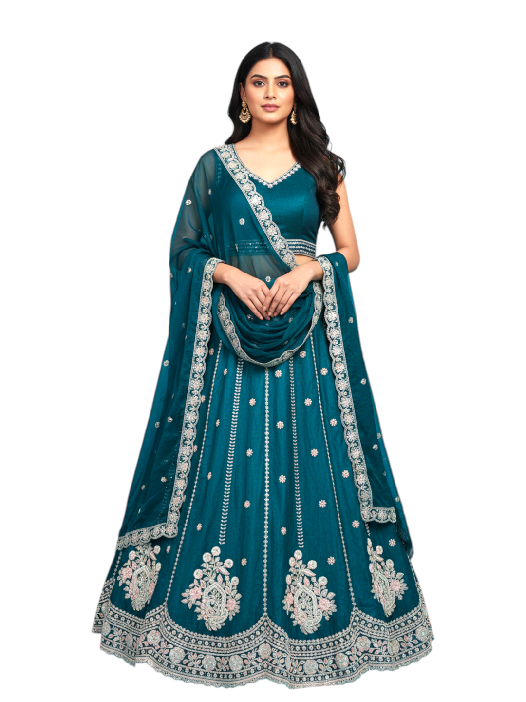 Teal green bridesmaid lehenga with floral embroidery and dupatta by Keshav Creations Chandni Chowk Delhi 