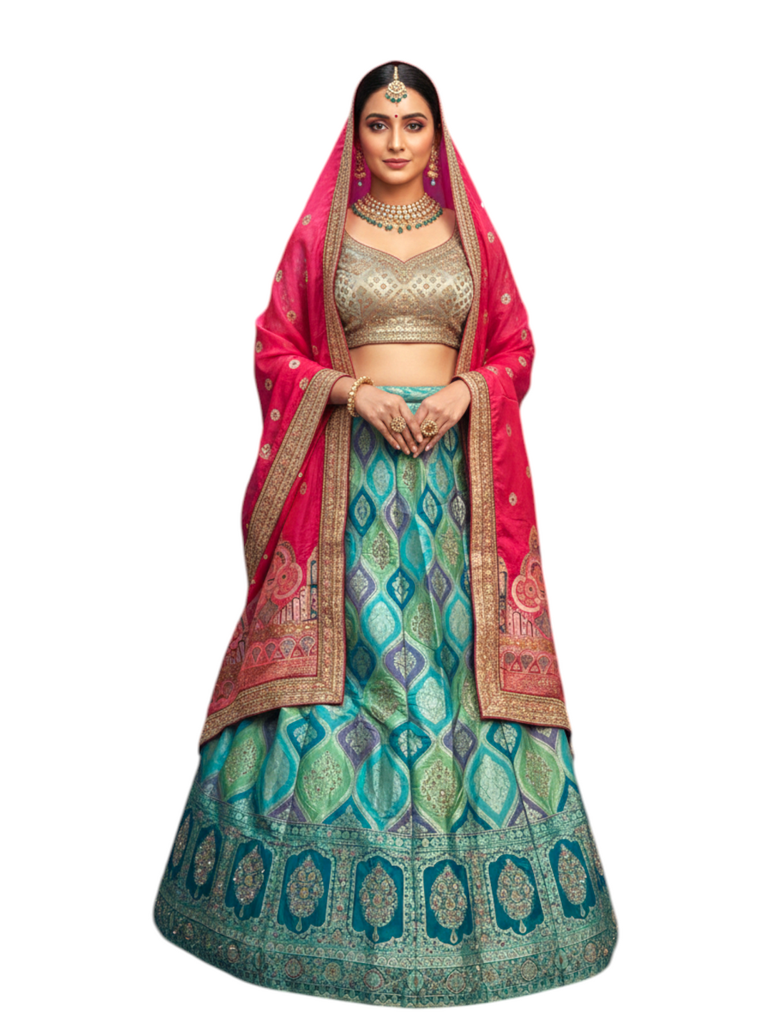 Aqua blue party wear lehenga with pink dupatta and geometric ethnic design for festive wear