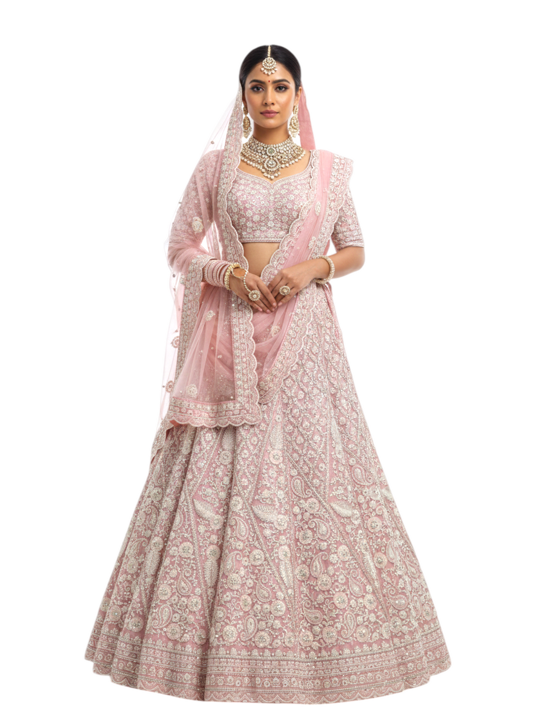 Baby pink heavily embroidered party wear lehenga with net dupatta for women