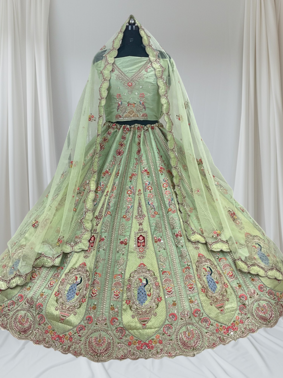 Pista Green Embroidered Lehenga with Net  Dupatta