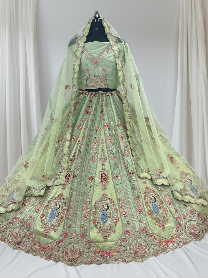 Pista Green Embroidered Lehenga with Net  Dupatta