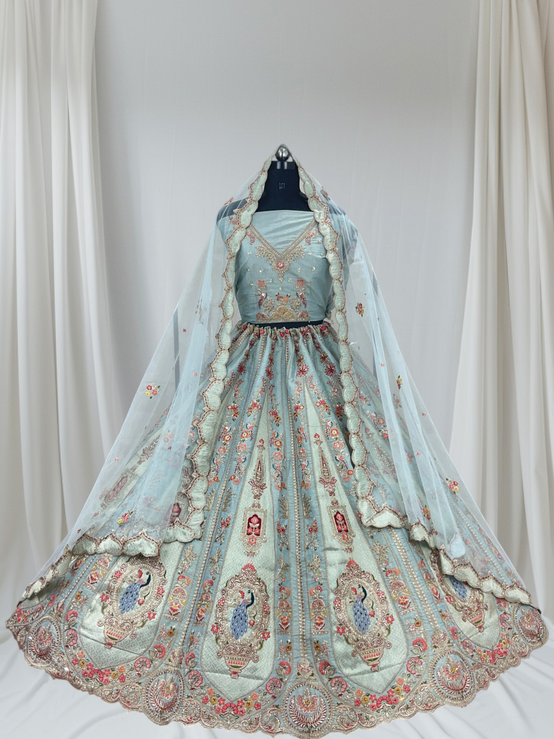 Sky Blue Embroidered Lehenga with Net  Dupatta