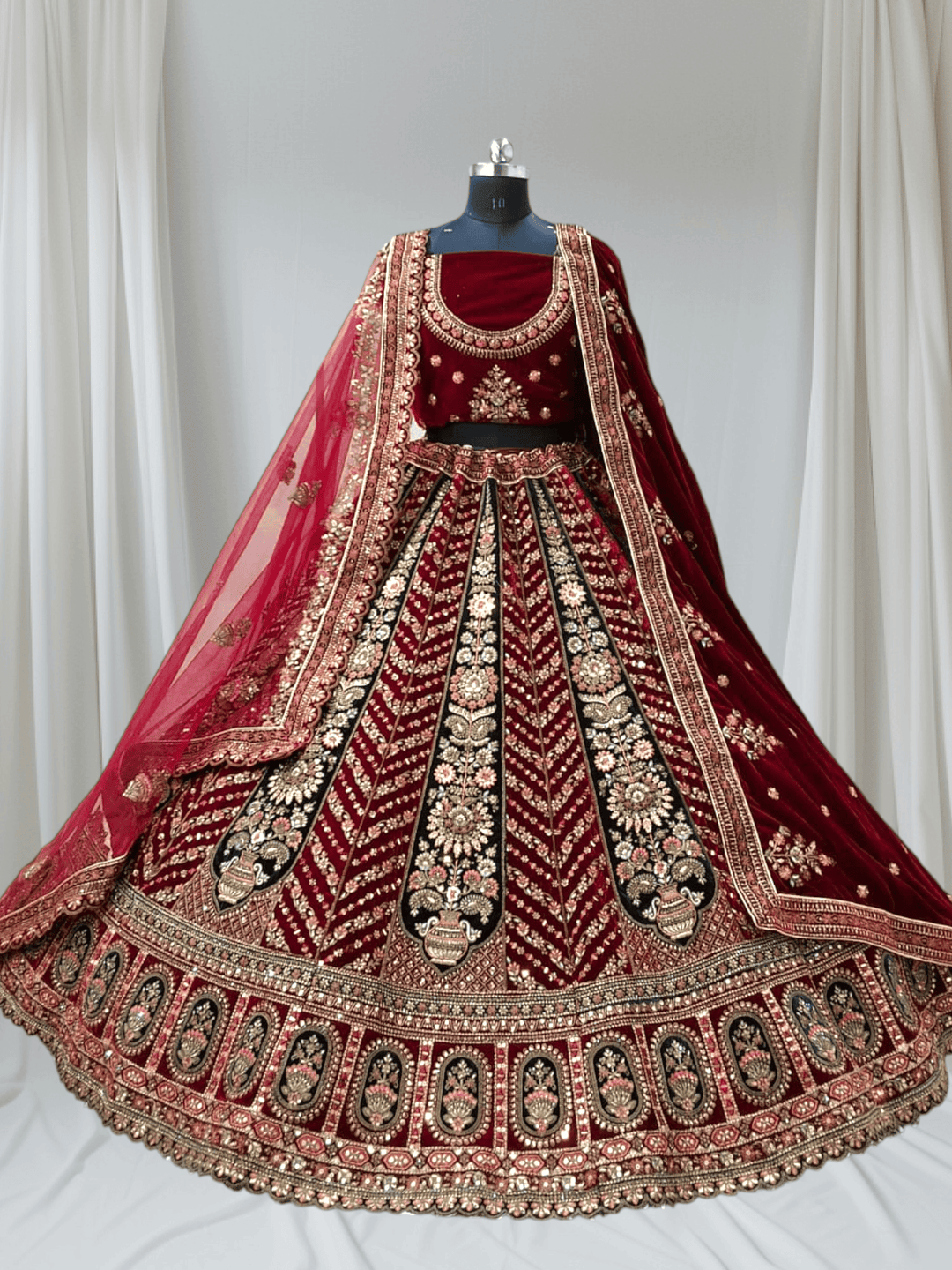 Bridal Velvet Maroon Heavy Embroidered Lehenga