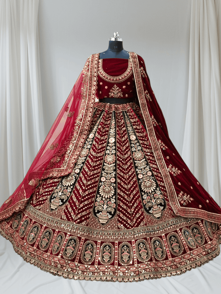 Bridal Velvet Maroon Heavy Embroidered Lehenga