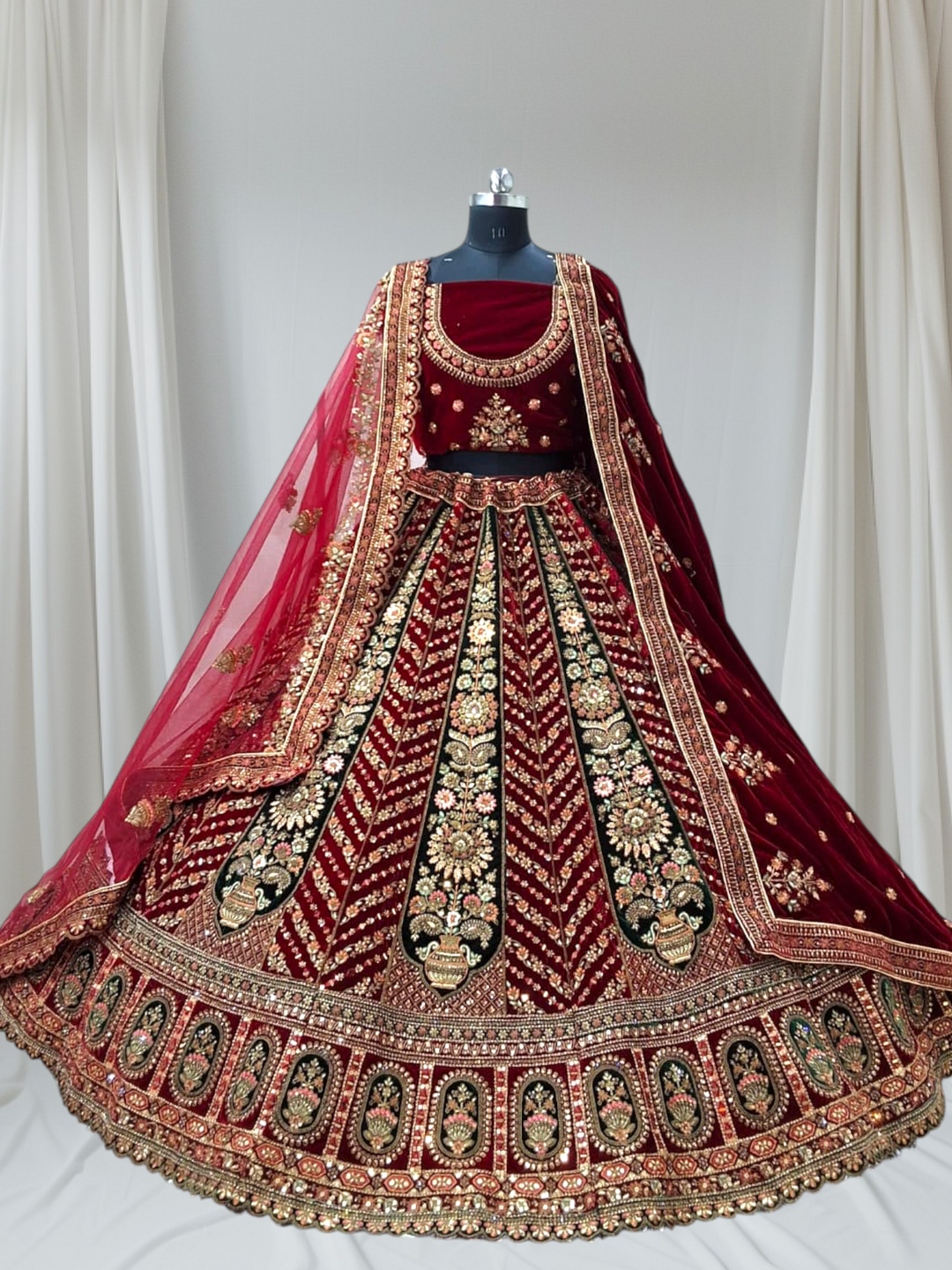 Bridal Velvet Maroon Heavy Embroidered Lehenga