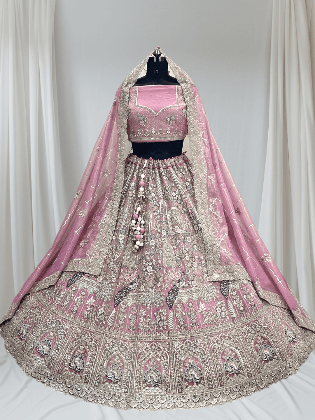 Designer Silk Embroidered Lehenga with Dupatta – Available in Mint, Champagne & Rose