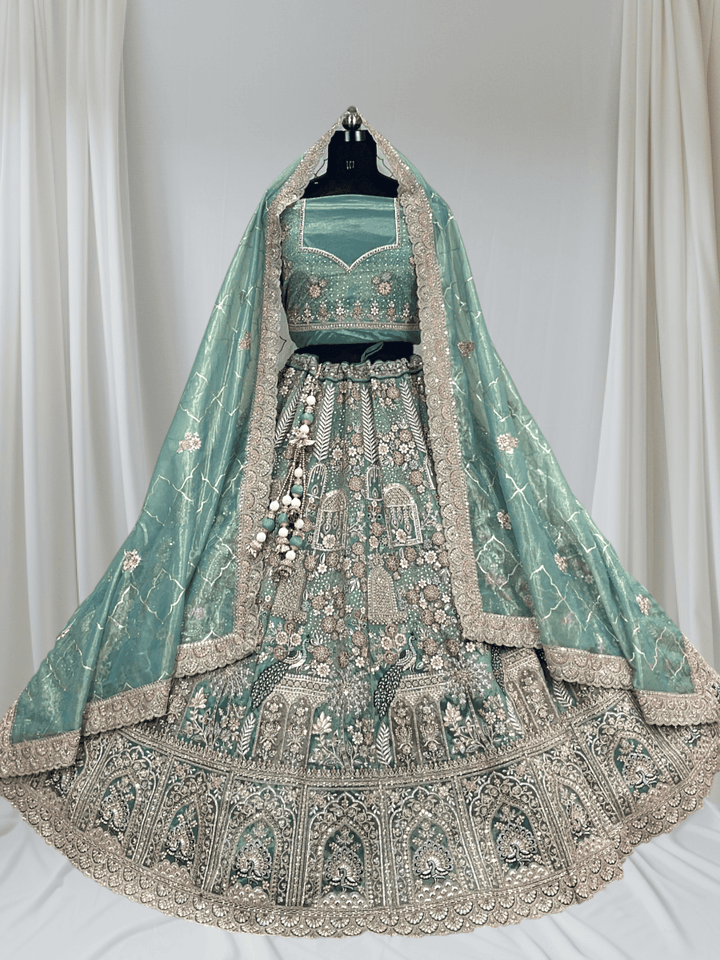 Designer Silk Embroidered Lehenga with Dupatta – Available in Mint, Champagne & Rose