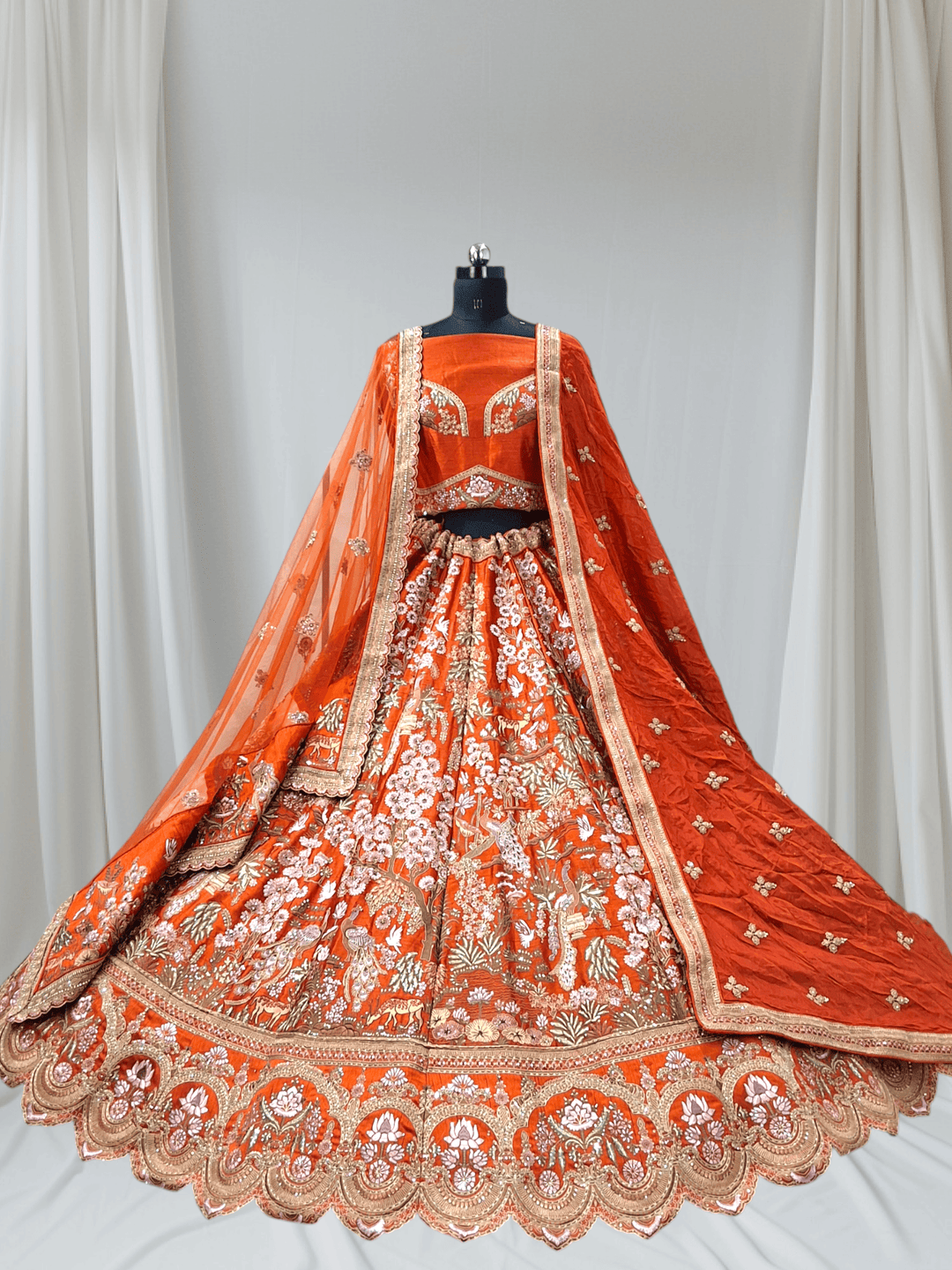 Royal Handcrafted Bridal Lehenga in Vibrant Orange – Perfect for Weddings & Grand Celebrations