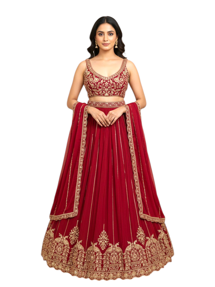 Red embroidered party wear lehenga choli for women with heavy zari work and dupatta