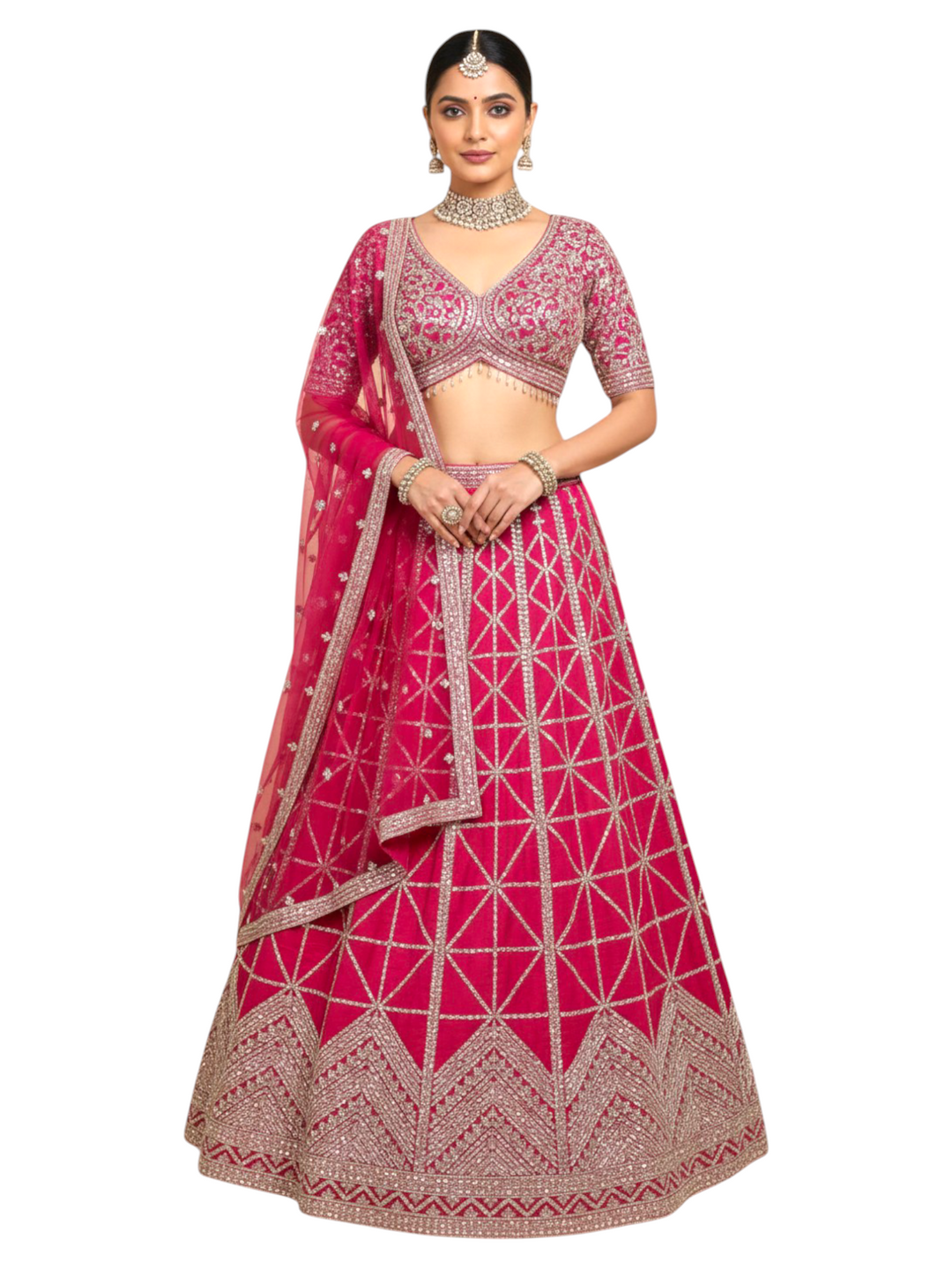 Rani Pink Geometric Zari Pattern Lehenga