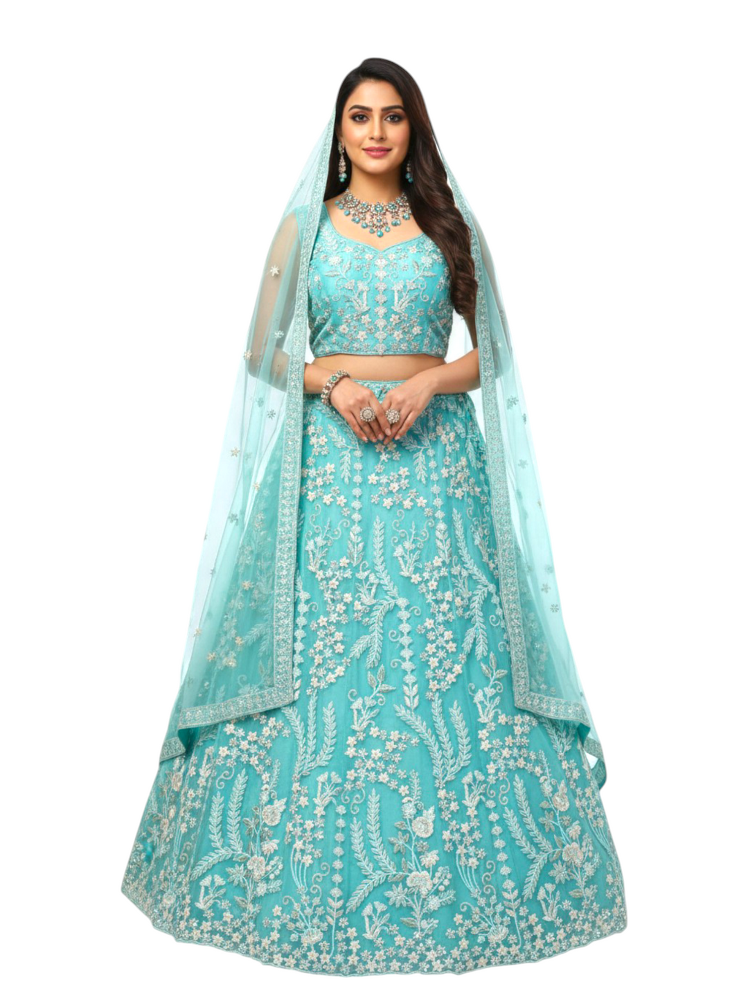 Turquoise sky Blue White Threadwork Lehenga