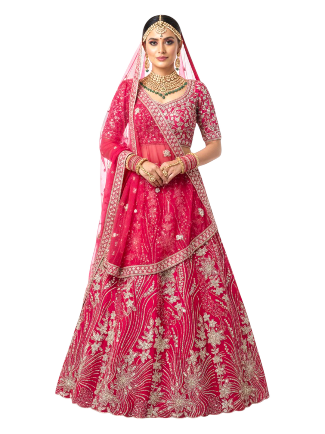 Fuschia Pink Floral Heavy Party Wear Lehenga
