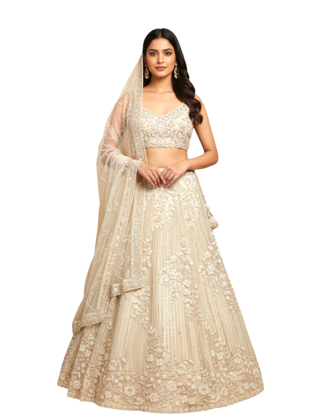 Ivory Cream Floral 3D Threadwork Lehenga